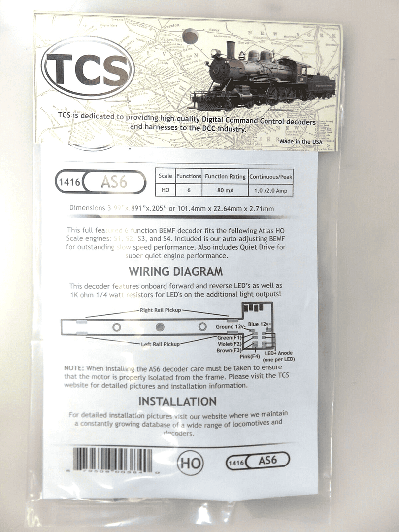 Train Control System TCS 1416 AS6 DCC Decoder HO Atlas S1,S2,S3,S4