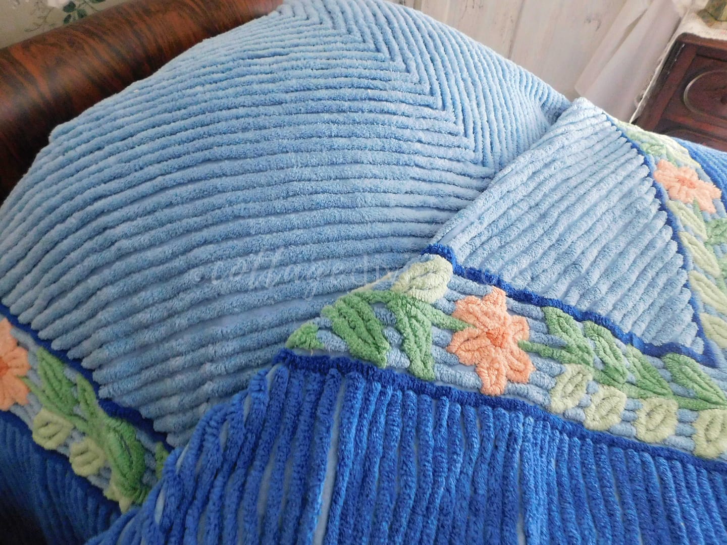 Ultra Plush Vintage Chenille Bedspread in Two Tone Blue Florals, 100