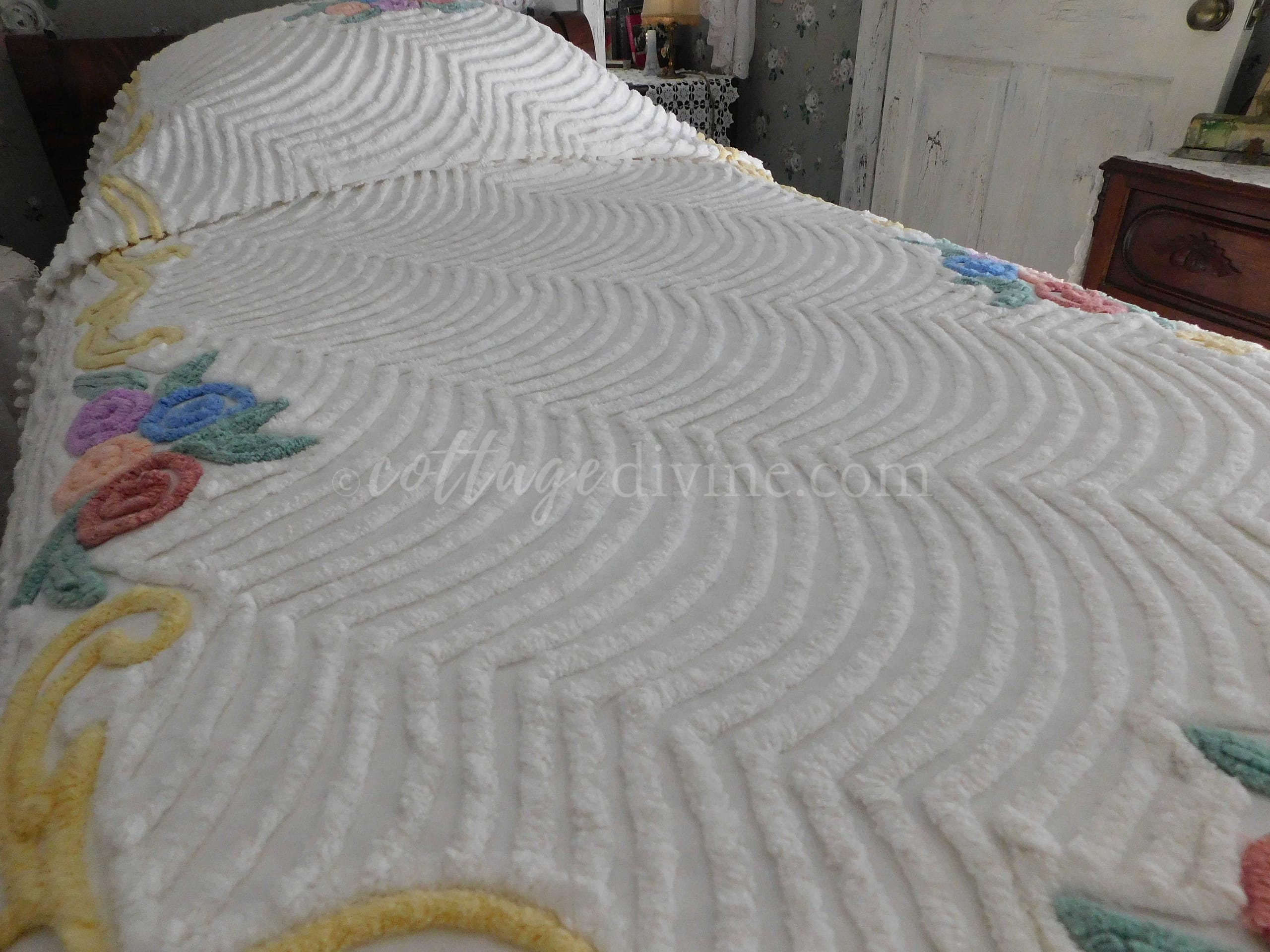 Vintage Twin Size Chenille Bedspread, Florals on Swirling White Cotton