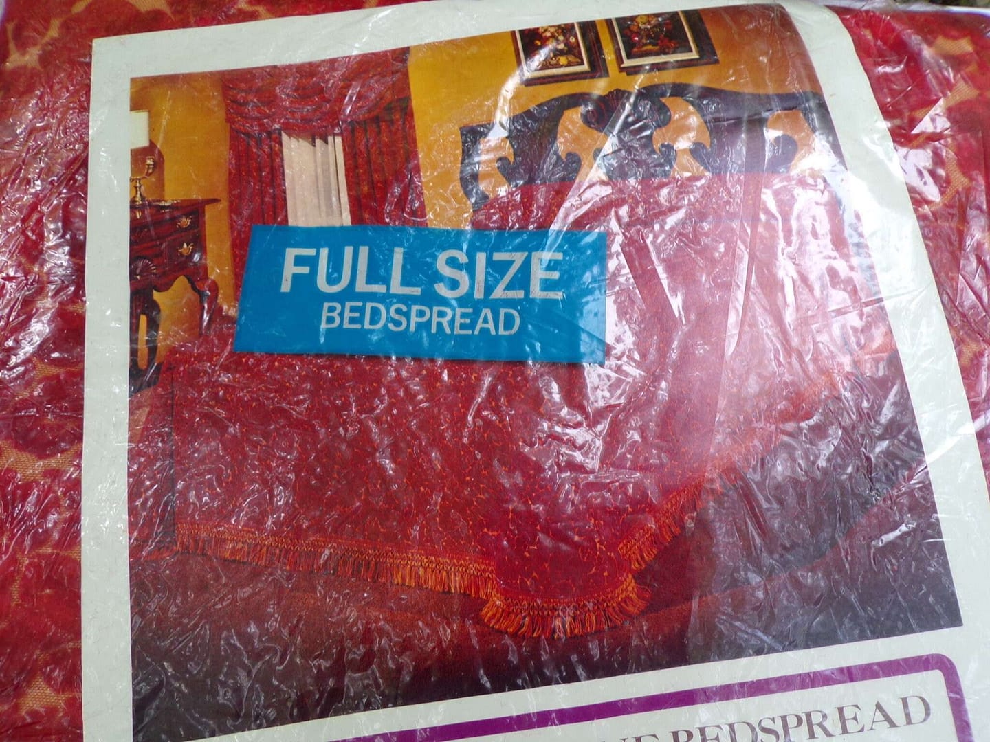 Crushed Velvet Bedspread, Red Roses on Gold, Vintage Sears Florentine