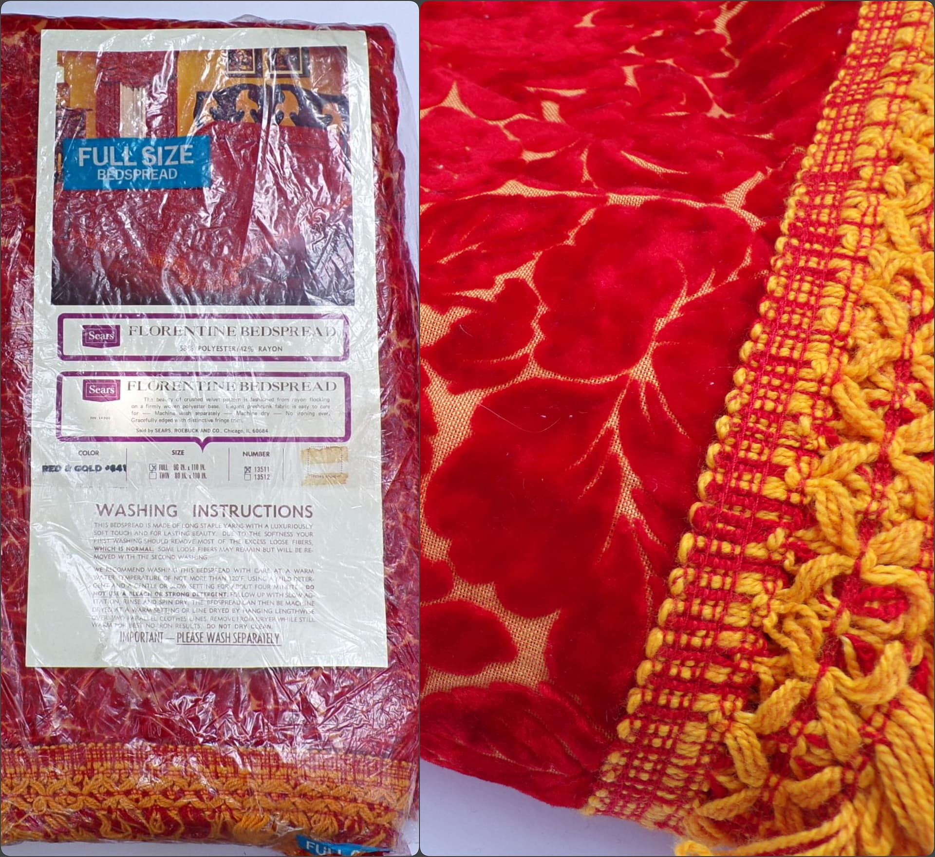 Crushed Velvet Bedspread, Red Roses on Gold, Vintage Sears Florentine