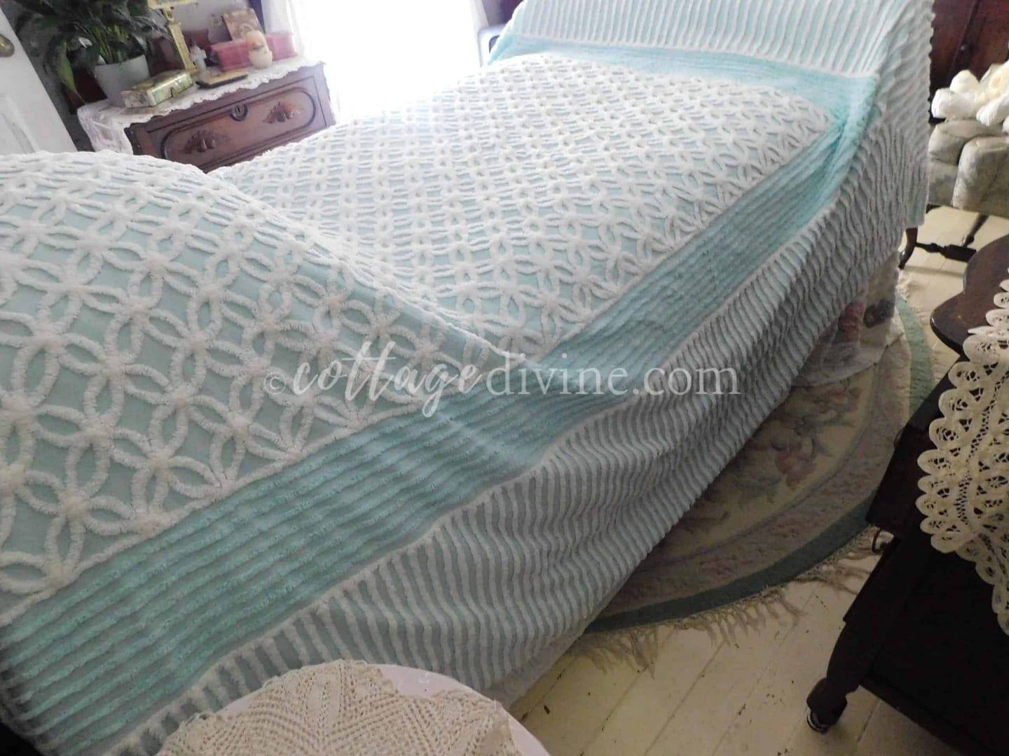 Dreamy Seafoam & White 1950s Vintage Chenille Bedspread, Full Size