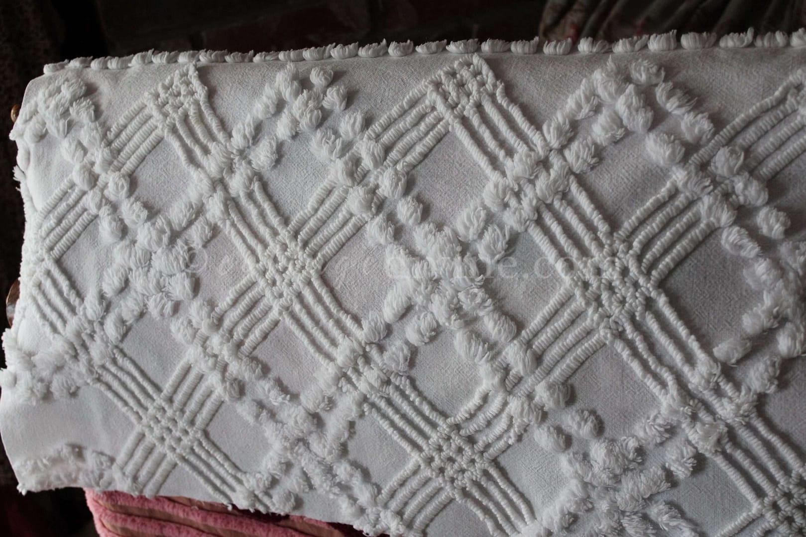 Classic White Geometric Chenille Fabric, Vintage 14