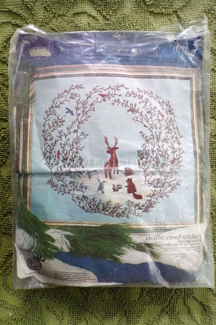 Vintage Crewel Embroidery Winter Stitchery Scene Woodland Snow