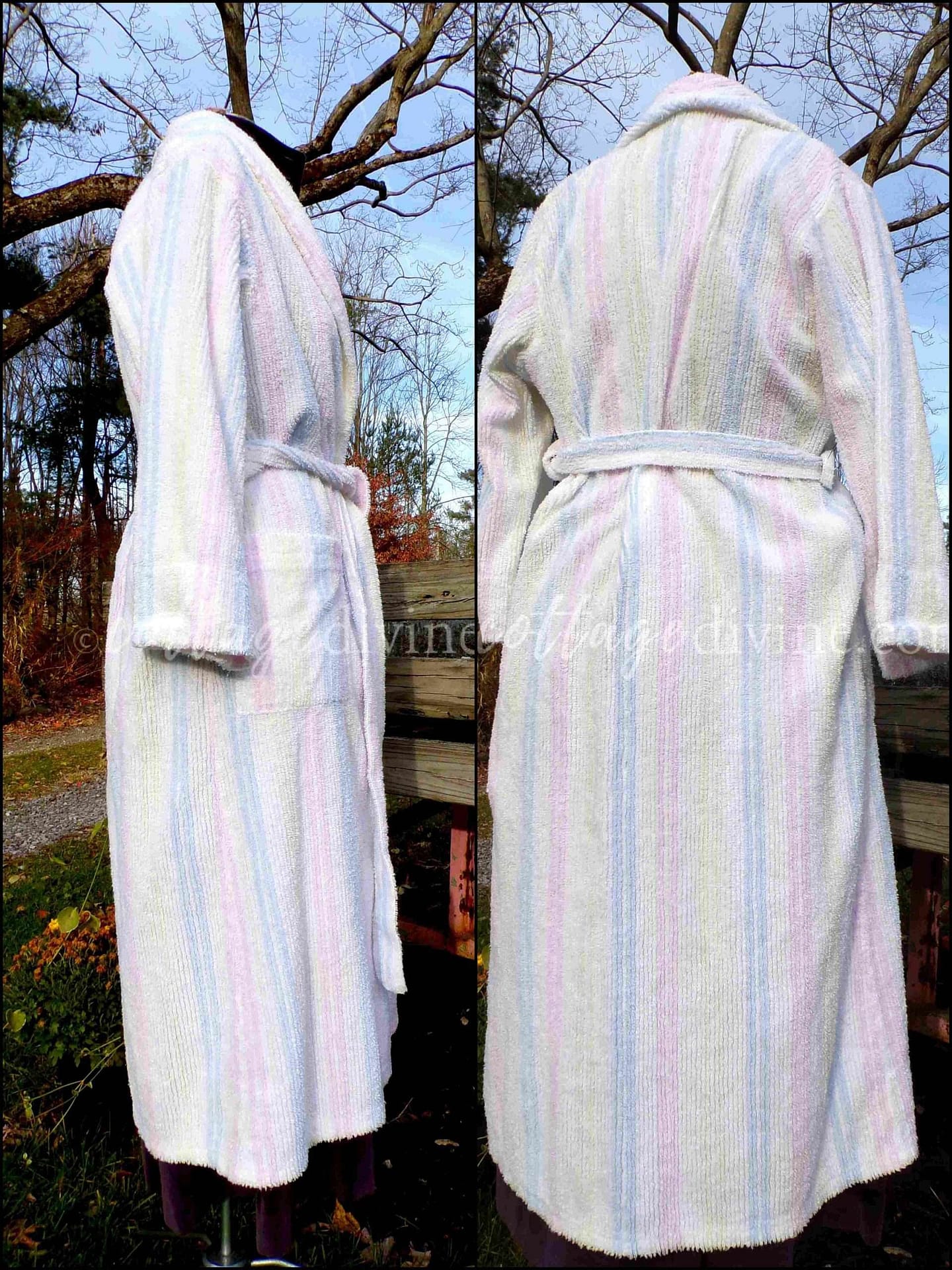 Pastel Rainbow Stripe Vintage Chenille Robe, Lightweight Soft White