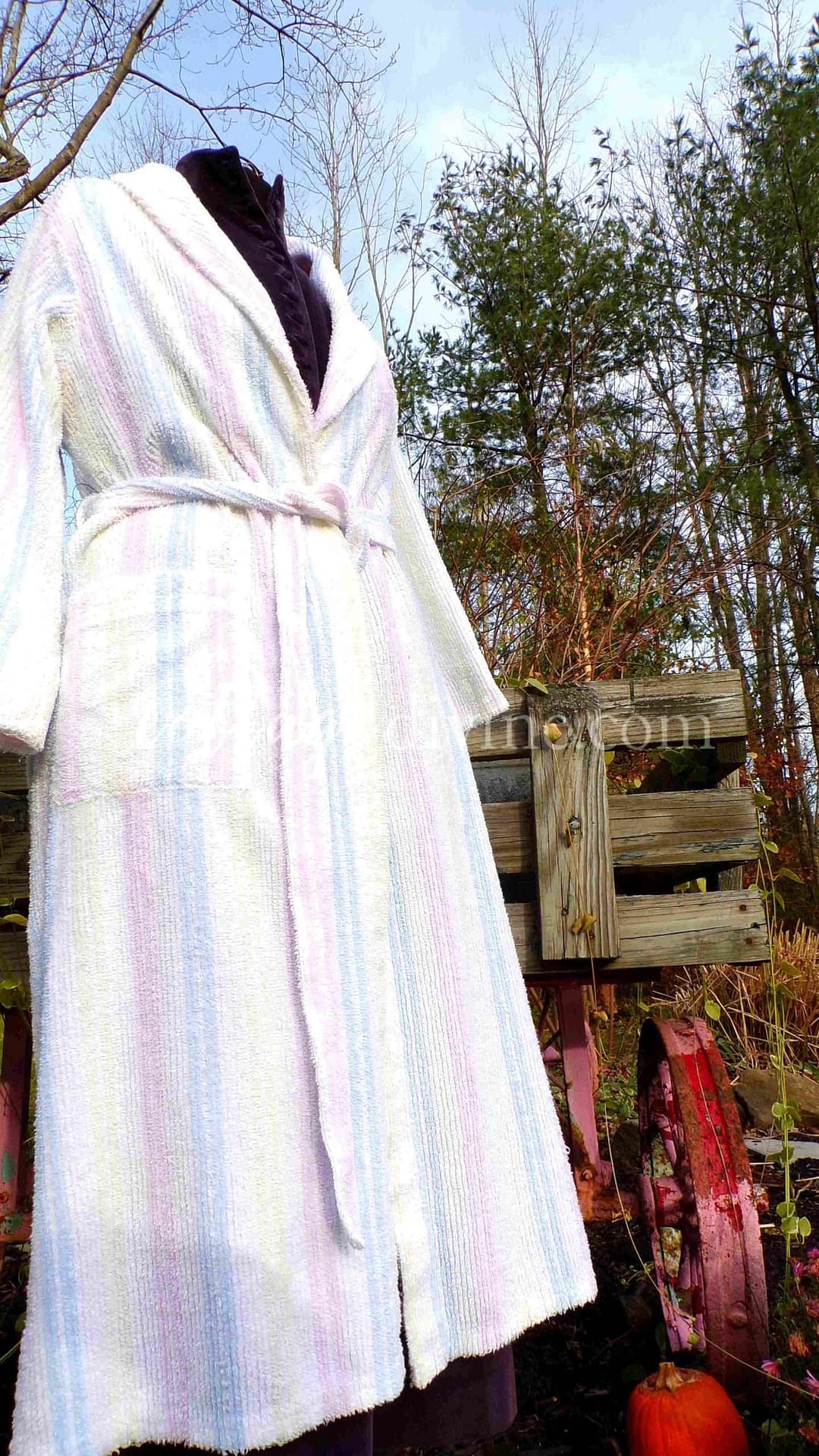 Pastel Rainbow Stripe Vintage Chenille Robe, Lightweight Soft White